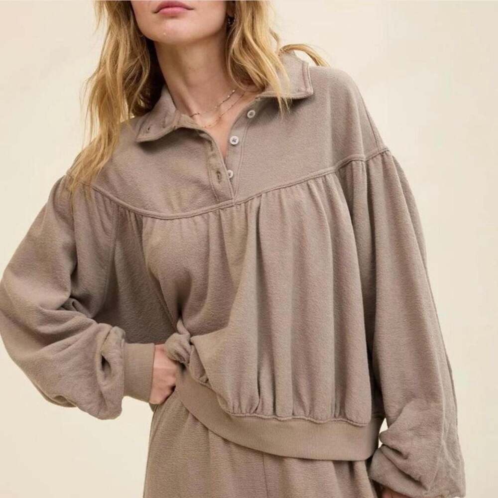 Aerie Soft Life Henley Babydoll Micro Terrycloth Sweatshirt Taupe XL